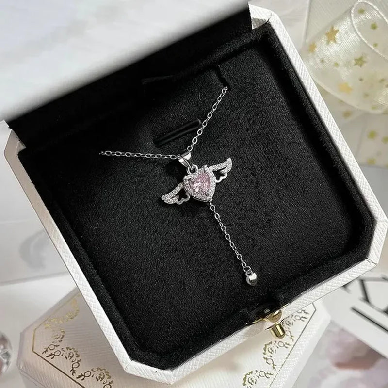 Korean Pink Zircon Angel Wings Heart Pendant Necklace for Women Simple Silver Color Long Chain Crystal Necklace Jewelery Party
