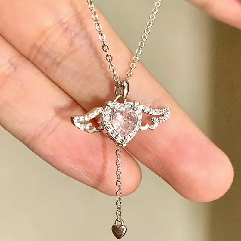 Korean Pink Zircon Angel Wings Heart Pendant Necklace for Women Simple Silver Color Long Chain Crystal Necklace Jewelery Party